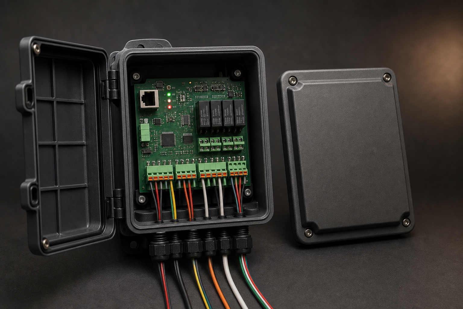 Rugged weatherproof controller enclosure with terminal blocks, relay outputs, and wiring glands.