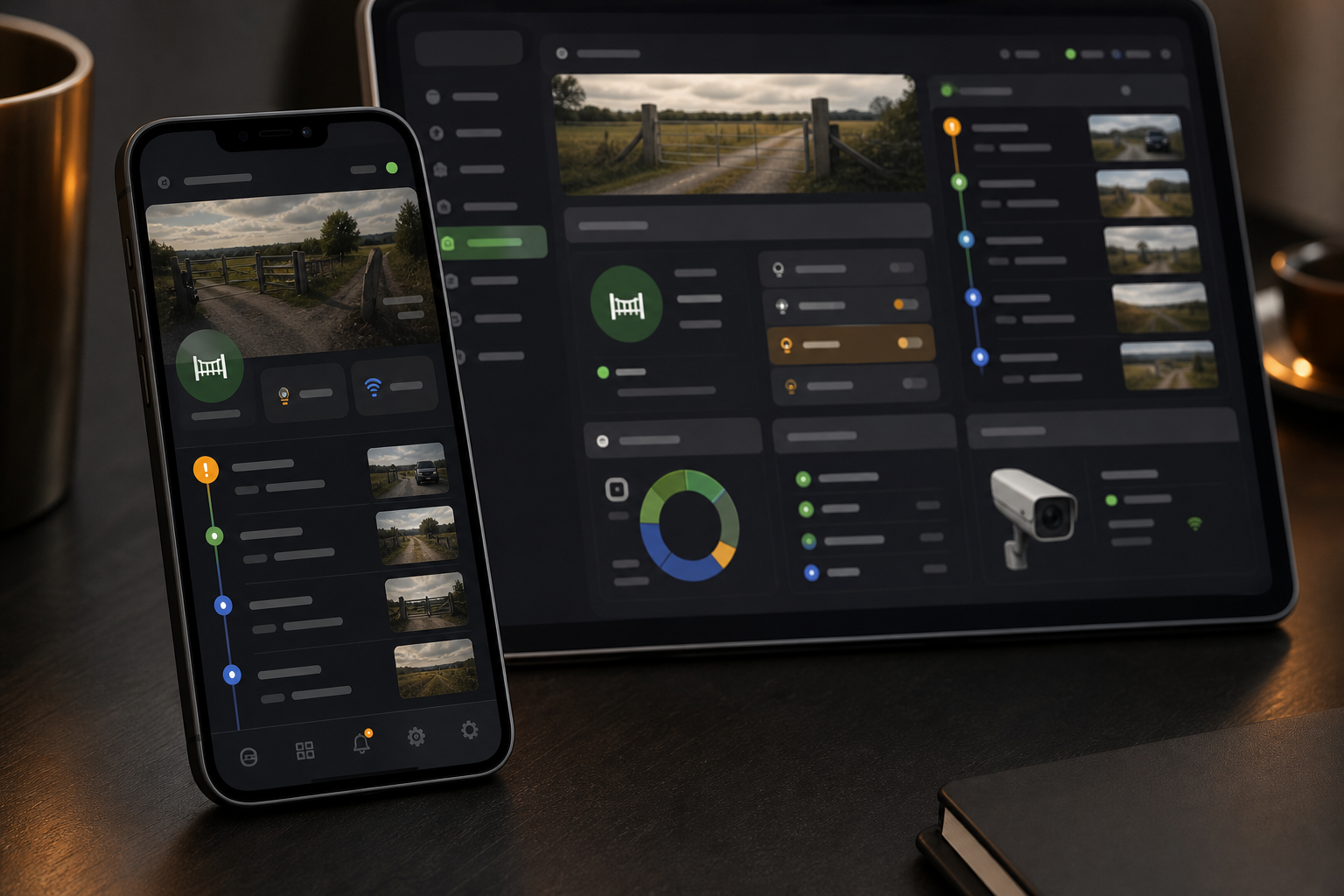 Phone and tablet showing a rural entrance dashboard with event timeline and camera snapshots.