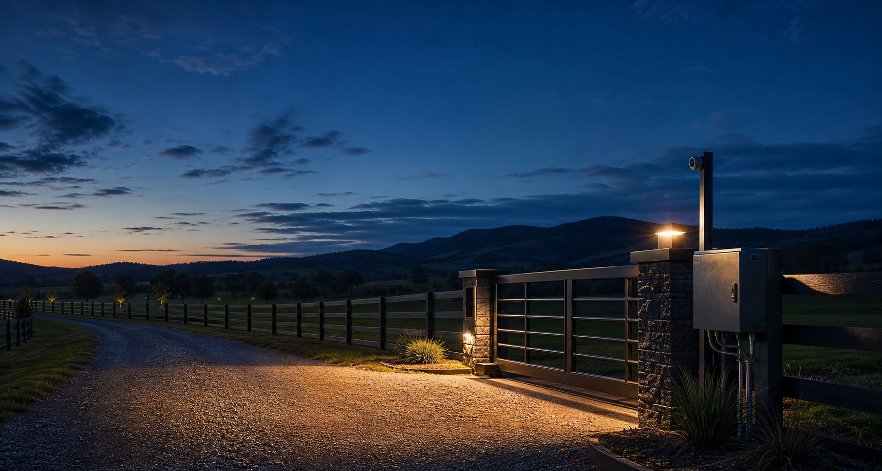 Rural ranch gate at dusk with warm entrance lighting and a mounted control enclosure.